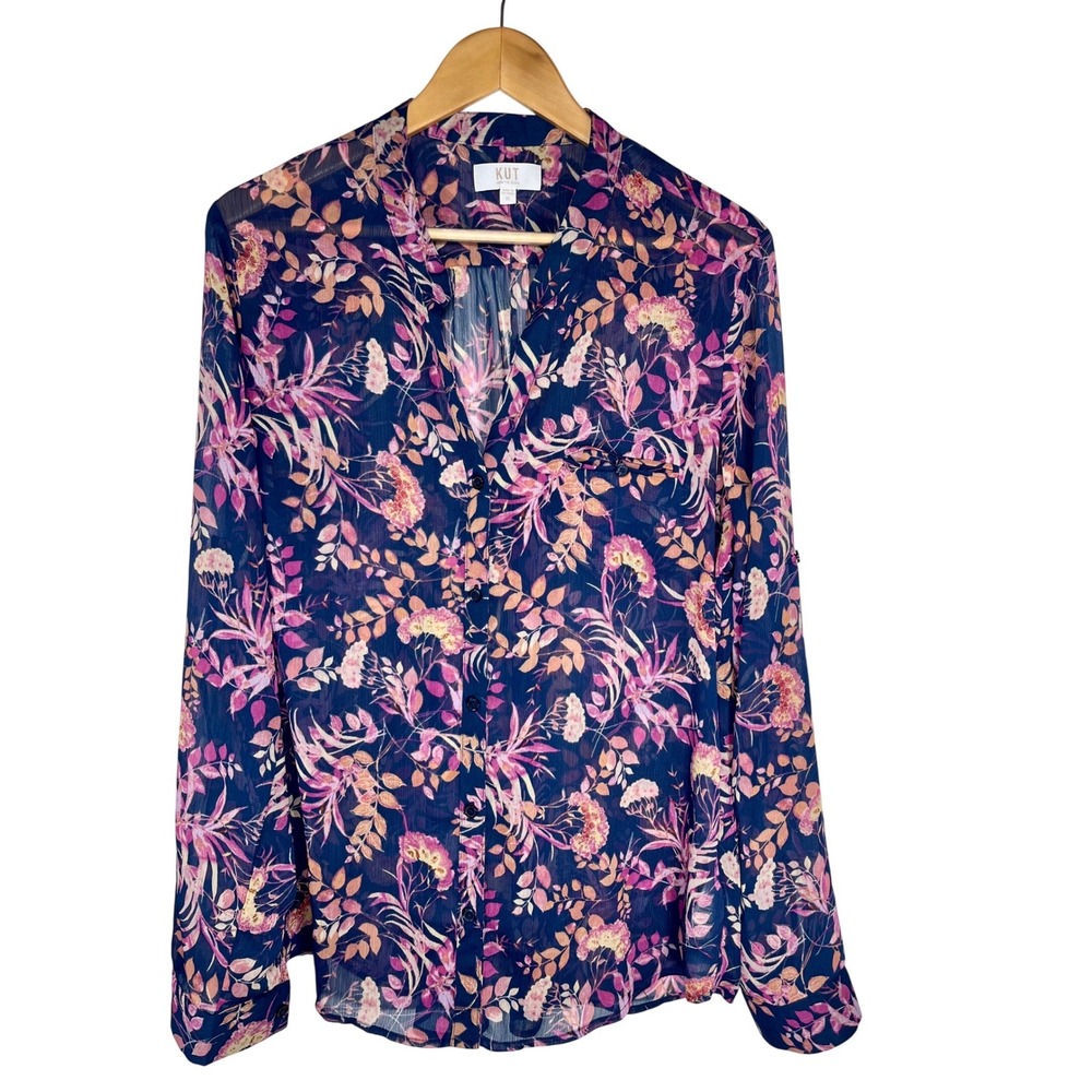 Kut from the Kloth Blouse Women XL Navy Floral Sheer Roll Tab Sleeve V Neck